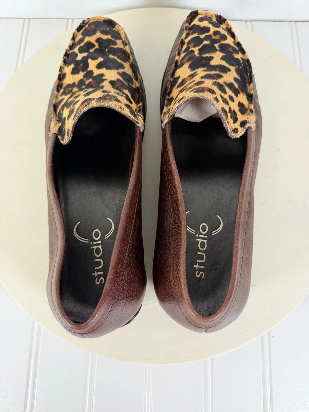 Vintage Studio C Womens Brown Leather Cheetah Calf Hair Slip-on Loafers Sz 41/10